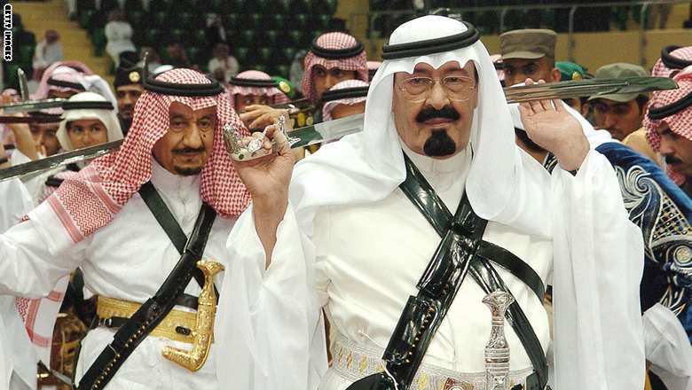 RIYADH, SAUDI ARABIA:  Picture taken 02 March 2005 shows Crown Prince Abdullah taking part in a traditional bedouin dance "Ardha" in Riyadh. The popular crown prince has been named ruler of the world's top oil exporter following the death 01 August 2005 of his half-brother King Fahd. AFP PHOTO/AMMAR ABD RABBO    MAGS OUT-EUROPE OUT   (Photo credit should read AMMAR ABD RABBO/AFP/Getty Images)